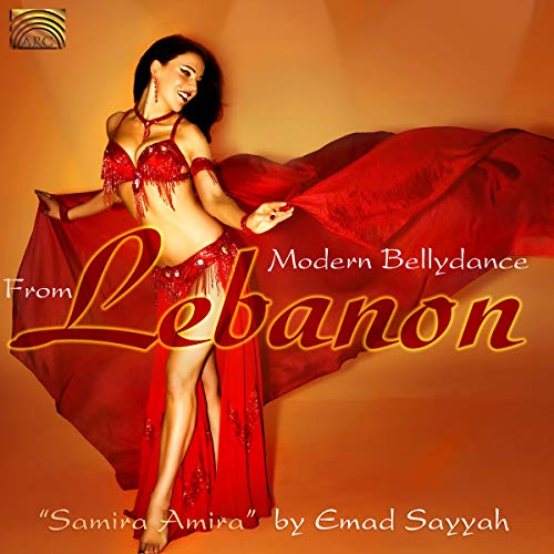 Belly dancer in red costume with flowing fabric, CD cover art.