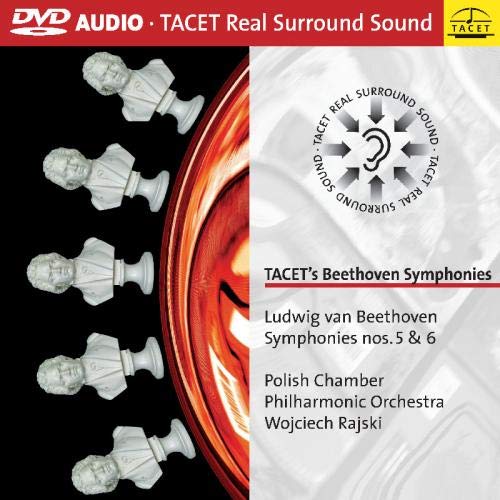 DVD cover for Beethoven Symphonies No. 5 & 6, featuring busts and sound waves.