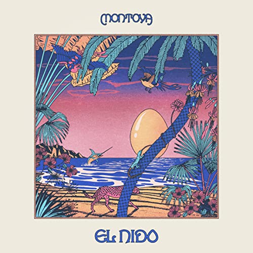 Album art showing a tropical beach, a large egg, a cheetah, and palm trees.