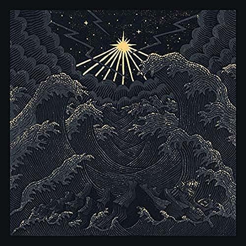 Engraved waves under a radiant sun and lightning-filled night sky.