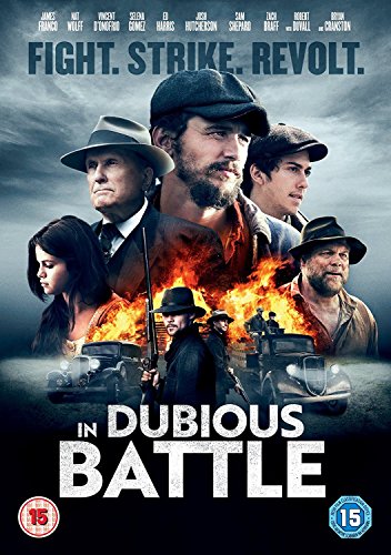 DVD cover for “In Dubious Battle” featuring a group of people and flames.