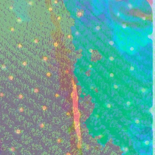 Close-up of blue and green galaxy-effect vinyl record surface.