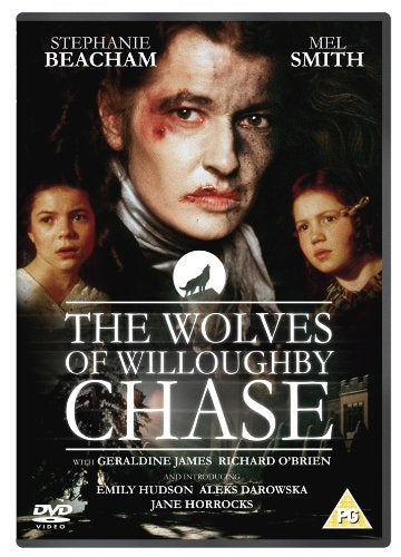 DVD cover art for The Wolves of Willoughby Chase featuring three people and text.