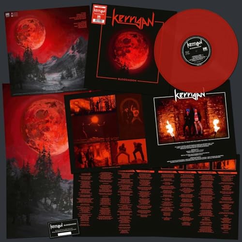 Red vinyl record and album artwork featuring a large blood moon landscape.