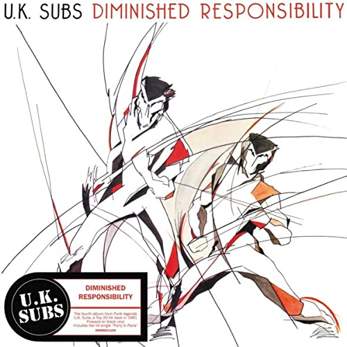 Album cover for UK Subs’ “Diminished Responsibility” with abstract red and black lines.
