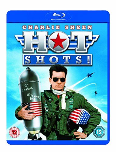 Hot Shots!" Blu-ray cover featuring Charlie Sheen in a flight suit.