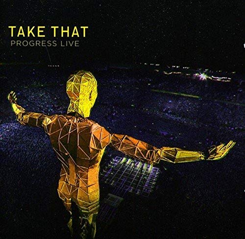 “Take That - Progress Live” CD cover with a golden, geometric figure.