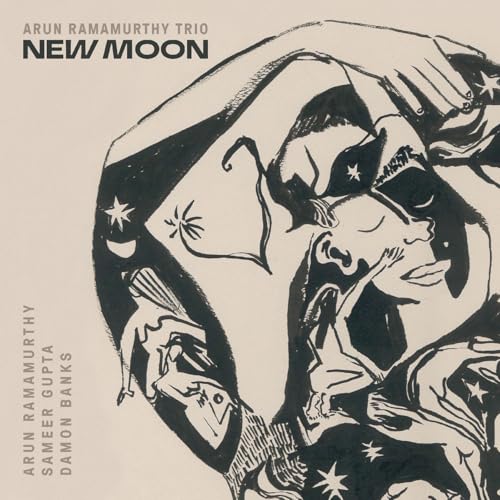 CD cover for Arun Ramamurthy Trio’s “New Moon” with illustrated face.