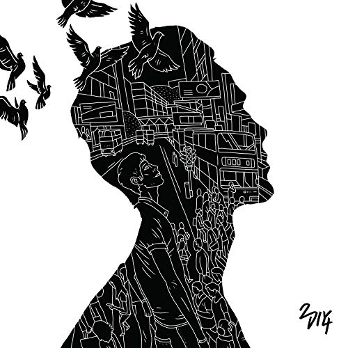Black and white illustration of a face containing a cityscape and birds.