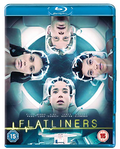 Flatliners" Blu-ray cover featuring five actors with medical equipment, heart monitor line.
