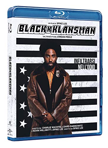 “BlacKkKlansman” Blu-ray cover featuring John David Washington in a leather coat.