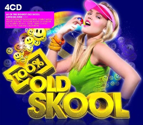 CD cover: woman in 80s style, colorful graphics, and “100% Old Skool” text.