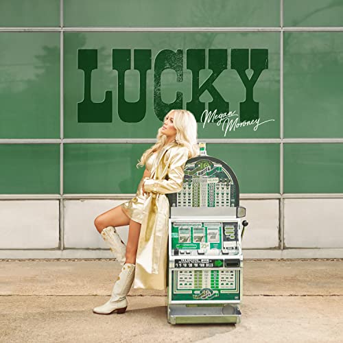 CD cover for Megan Moroney’s “Lucky” featuring her and a slot machine.