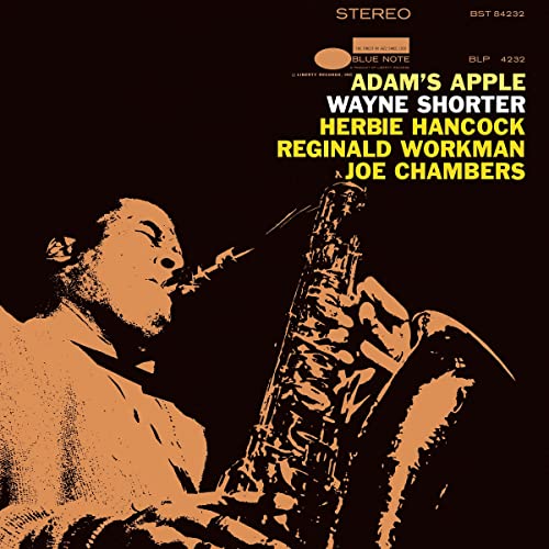Wayne Shorter's "Adams Apple" vinyl album cover with a saxophone player.
