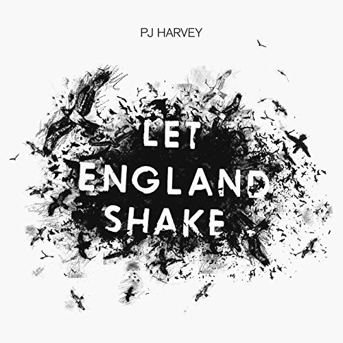 Album cover with black ink splatter, bird silhouettes, and white text Let England Shake.