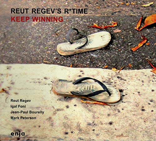 CD cover with flip-flops on asphalt, text reading "Reut Regev's R*time Keep Winning.