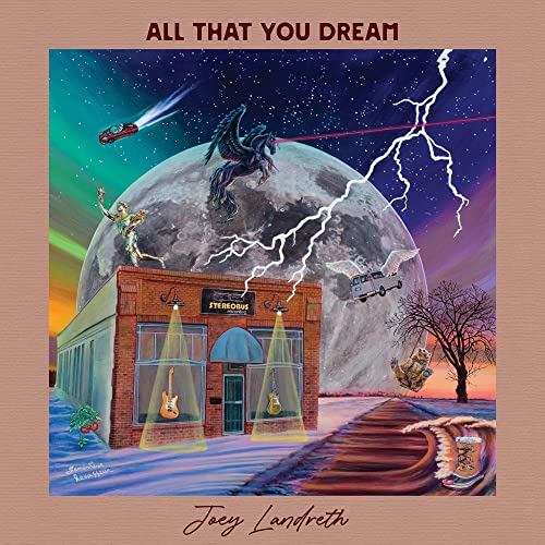 Album cover: surreal landscape with a building, winged horse, and lightning.