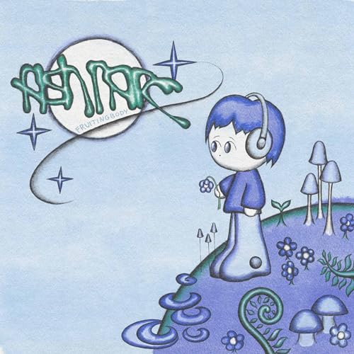 Cartoon character with headphones standing on a blue planet with mushrooms and flowers.