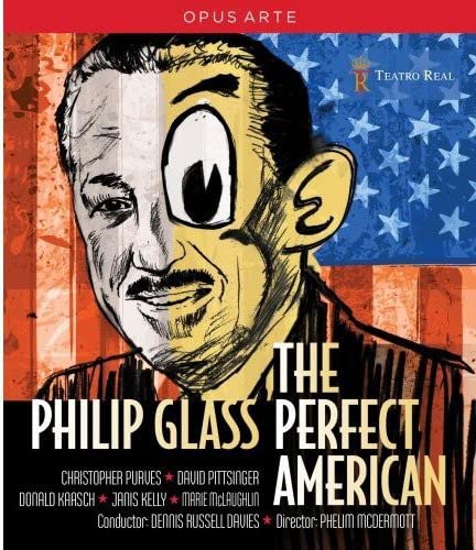 Blu-ray cover featuring a stylized portrait of Philip Glass against an American flag.
