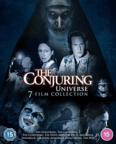 DVD cover for The Conjuring Universe 7-film collection featuring characters from the horror series.