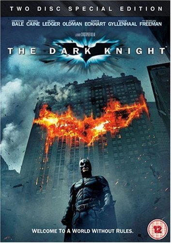 The Dark Knight DVD cover featuring Batman and a fiery cityscape.