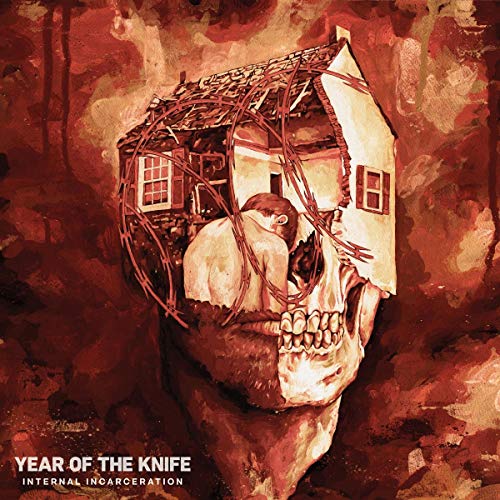 Painting of a house built on a skull, with a figure inside.