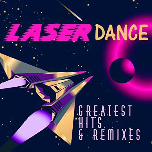 Laserdance album cover featuring a spaceship, pink text, and a dark space background.