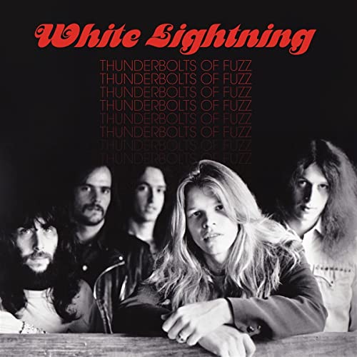 Black and white album cover featuring a rock band, "White Lightning.