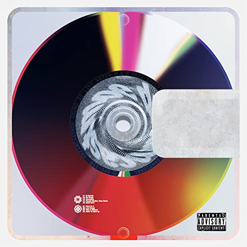 A colorful, circular CD design with a textured center and parental advisory label.
