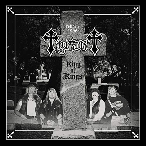 Black and white album cover featuring a band in front of a graveyard cross.