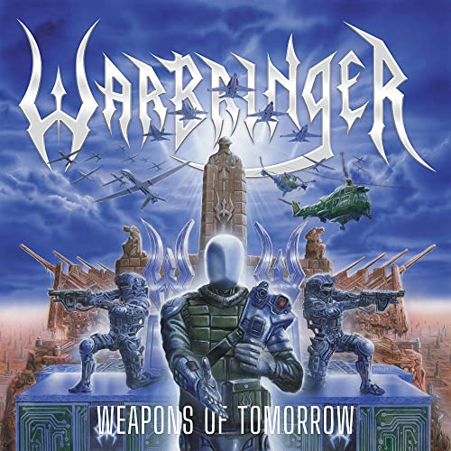 Warbringer album cover: futuristic soldiers, aircraft, and a monument in a war scene.