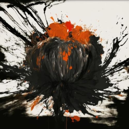 Abstract floral painting with black, white, and orange splashes.