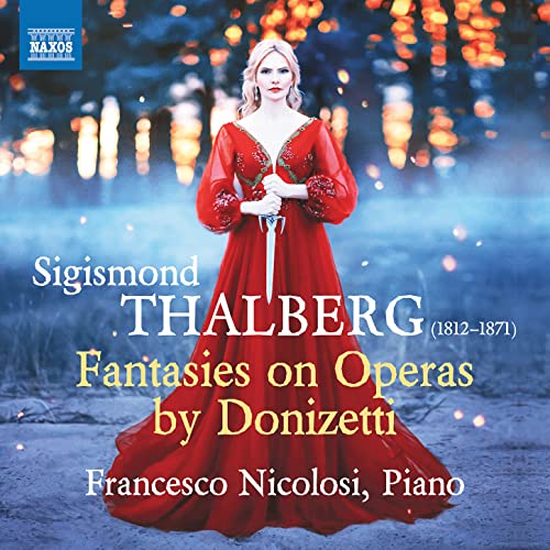 CD cover featuring a woman in a red gown with composer names overlaid.