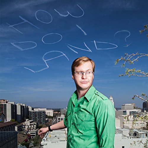 Kurt Braunohler stands on a rooftop with handwritten text above a city.