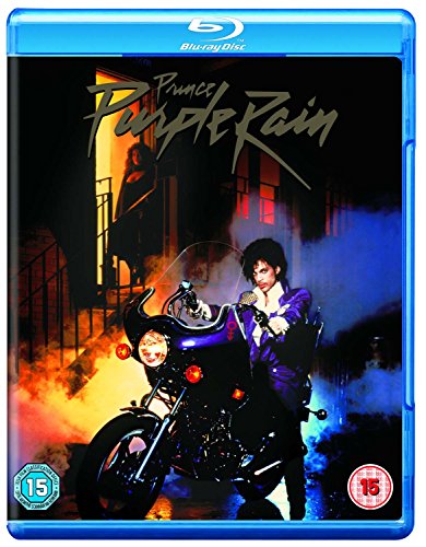 Blu-ray cover for “Purple Rain” featuring Prince on a motorcycle.