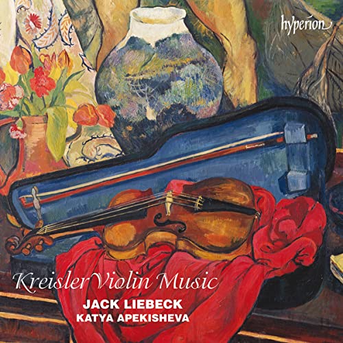 CD cover with violin, case, flowers, and vase in painted style.
