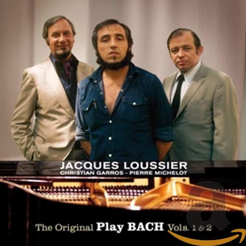 Three men stand behind a piano on the Jacques Loussier Play Bach CD cover.