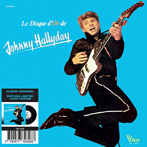 Johnny Hallyday album cover, man playing electric guitar, blue background.