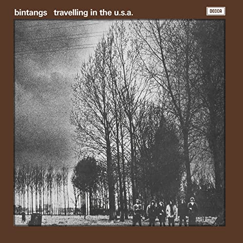 Black and white album cover with a group of people among trees.