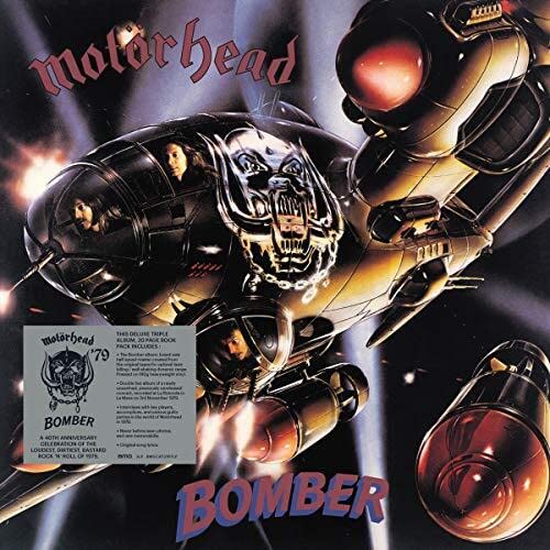 Motörhead’s “Bomber” vinyl album cover featuring a silver bomber plane with a snarling face.