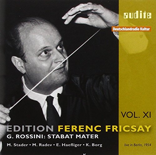 Black and white photo of conductor Ferenc Fricsay on a CD cover for Rossini.