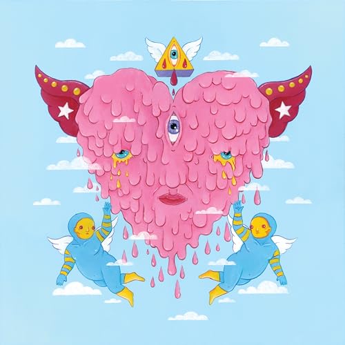 Surreal art of a melting pink heart face with three eyes and blue cherubs.