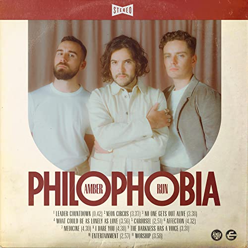 Vinyl record cover for Amber Run’s “Philophobia” featuring three men’s portraits.