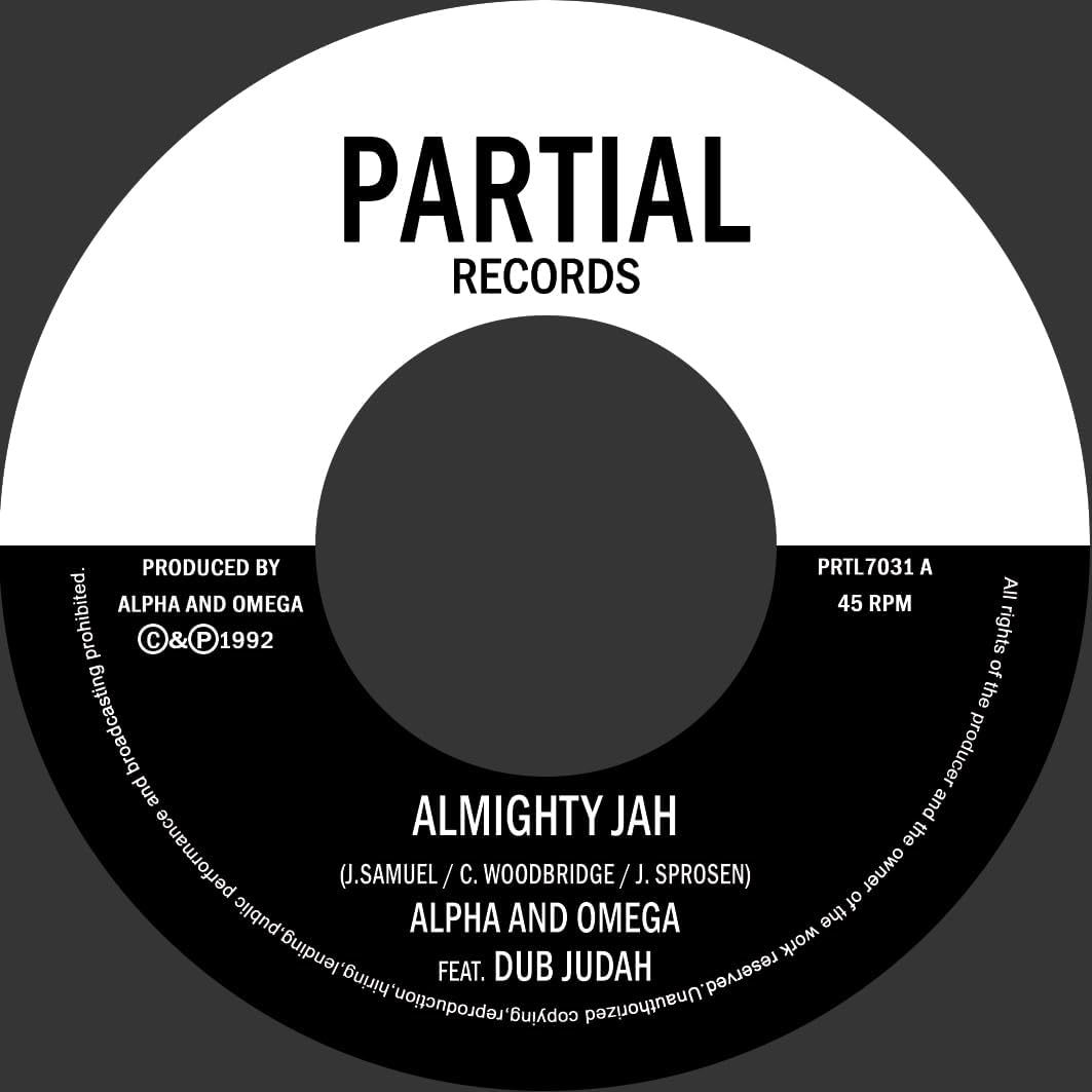 Black and white vinyl record label with text: "Almighty Jah" and "Dub Judah.