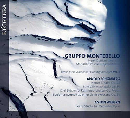 CD cover with a snowy mountain range and text listing composers Schönberg and Webern.