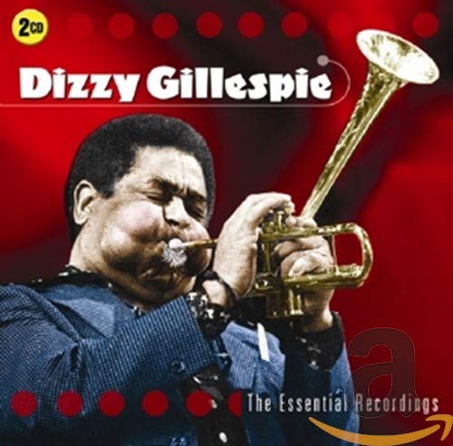 Dizzy Gillespie playing a golden trumpet, red background, two CD icon.