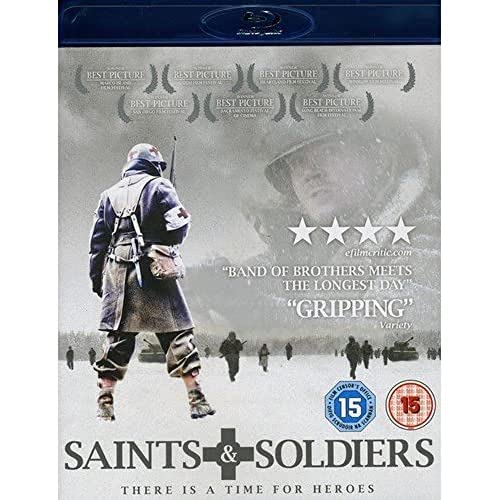 Blu-ray cover art for Saints and Soldiers featuring a soldier in a snowy landscape.