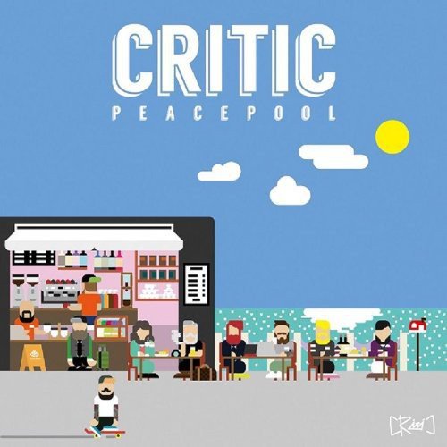 CD cover: stylized illustration of a cafe scene under a blue sky.