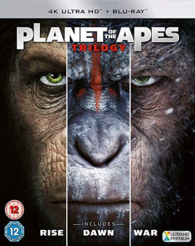Planet of the Apes Trilogy Blu-ray cover featuring a close-up of a chimpanzee face.