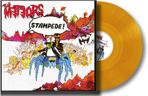 Stampede" vinyl record cover with comic art and a bright orange disc.